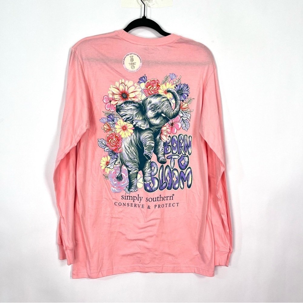 Simply Southern Born To Bloom Elephant Pink Long Sleeved Shirt Sz Small NWT